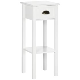 2-Tier Tall Side Table with Drawer, Narrow End Table for Space Saving, Slim Nightstand with Shelf Metal Knob for Living Room Hallway, White
