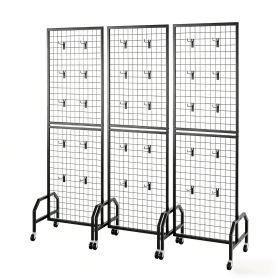 3 Packs Grid Wall Panels, 1.9 x 5.4 ft Wire Grid Panels Display Rack, Movable Art Display Shelf with Wheels and 30 Hooks