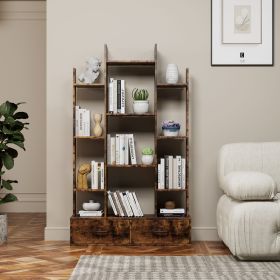 Bookshelf with 2 Drawers, Industrial Freestanding Open Display Shelving, Vintage Open Bookcase, 12 Storage Shelves, Book Case for Bedroom, Living