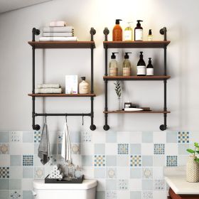 Industrial Pipe Shelf 3 Tier and 2 Tier Wall Mounted Shelves 36in Wood Display Shelves, and 3 additional hooks,Farmhouse Kitchen Bar Shelf
