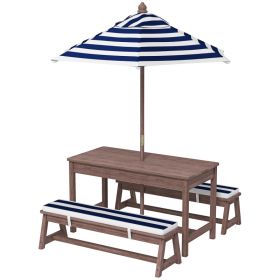 Outdoor Wooden Kids Picnic Table & Bench Set With Cushions And Umbrella, For Patio, Garden, Navy Blue (Option: Navy Blue)