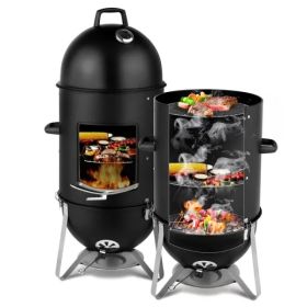 Vertical Steel Charcoal Smoker, Heavy Duty Three Layer Round BBQ Grill Smokey Mountain Cooker For Outdoor Cooking, Black(SAME AS 60608693) (Option: Defaulttitle)