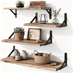 Floating Shelves Wall Mounted Set of 4, Rustic Paulownia Wood Wall Shelves with Black Metal Brackets (default: 1)