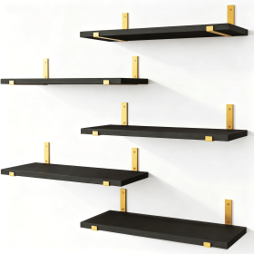 5 Pack Black Floating Shelves with Gold Brackets, Paulownia Wood Wall Mounted Shelves (default: 1)