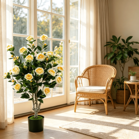39.5 Inch Artificial Camellia Tree with Orange Blossoms in Cement Pot for Home Decor Faux Plant with Realistic Flowers (Color: Yellow & Green & Black)