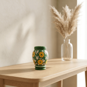 Floral pottery urns for ashes (Color: Green with White and Yellow Florals Pottery Urns, size: MINI)