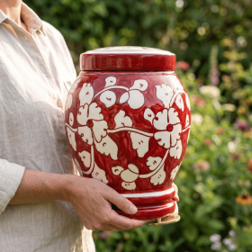 Floral pottery urns for ashes (Color: Red with White Florals Pottery Urns, size: MINI+)
