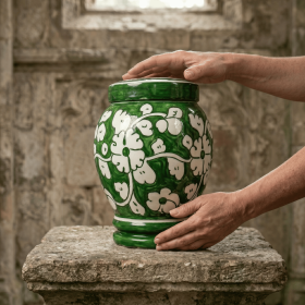 Floral pottery urns for ashes (Color: Green with White Florals Pottery Urns, size: 4.0)