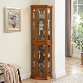 Corner Curio Cabinet with Lights, Adjustable Tempered Glass Shelves, Mirrored Back, Display Cabinet(E26 light bulb not included) (Color: Oak)