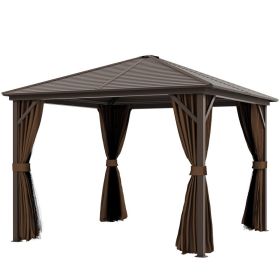 10 X 10 Hardtop Gazebo Canopy, Permanent Pavilion With Hook, Curtains, Aluminum Frame For Patio, Garden, Dark Brown (Option: Dark Brown)