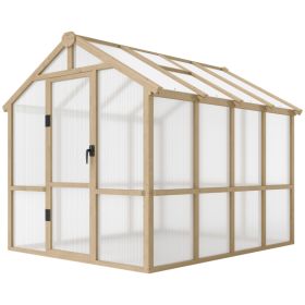 6.6 X 8 Ft. Polycarbonate Greenhouse Wooden Walk-in Greenhouse Kit With Thickened Panels, Roof Vent, And Lockable Door (Option: Natural wood color)